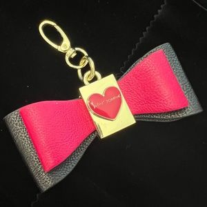 Luxury Betsey Johnson pink & Black Leather Bow Tie handbag fob key chain